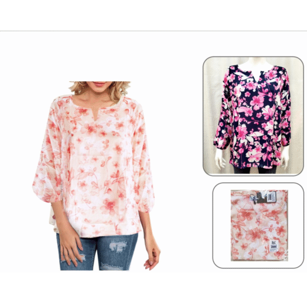 Ladies 2-Color Floral V-Neck Cotton Blouse (Dozen Pack) - Image 4