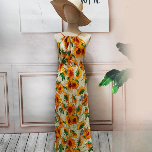 Beige Sunflower Cotton Dress (Dozen Pack)